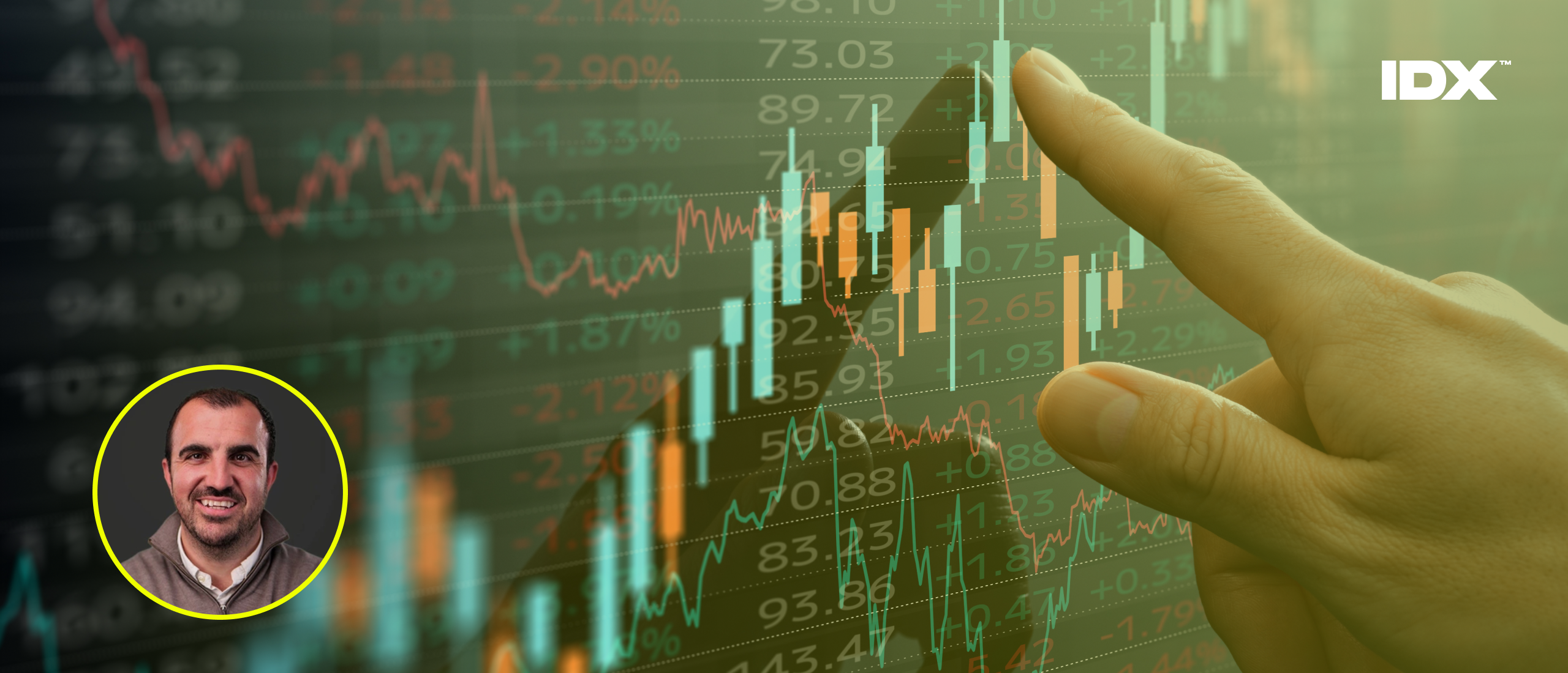 A representation of a stock exchange with an inset of Chris Corrigan